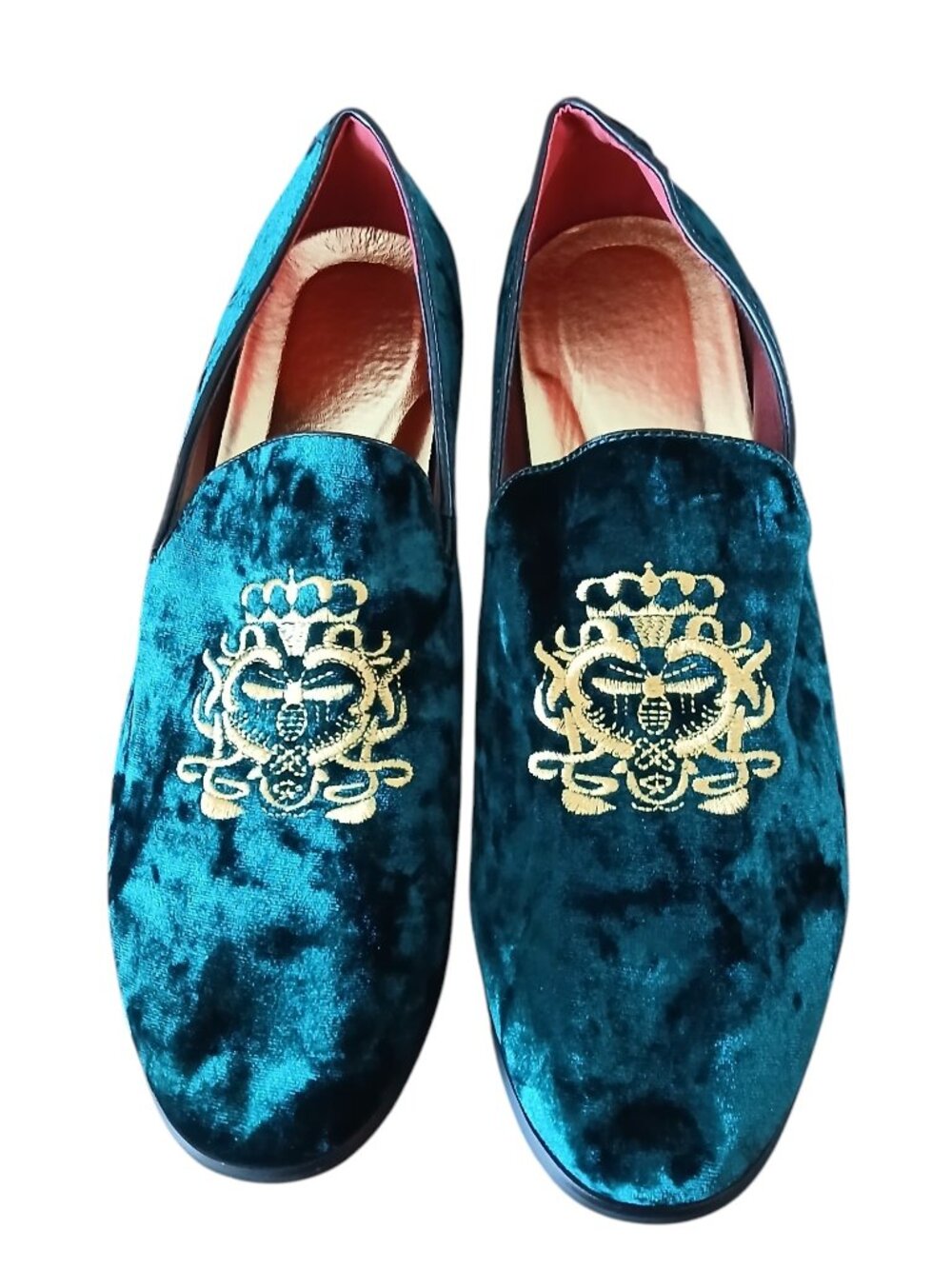 Men's green velvet slip-on loafers with gold Embroidered size 13